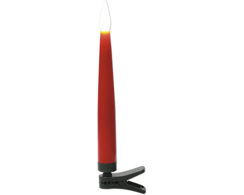Bougie de Noël LED avec clip de fixation, rouge, en plastique avec ampoule en forme de flamme.