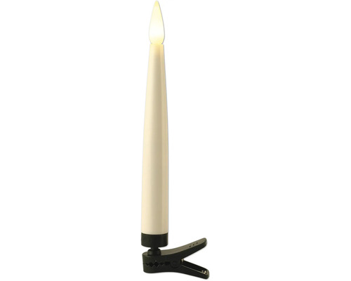 Bougie de Noël LED avec clip de fixation et flamme vacillante.