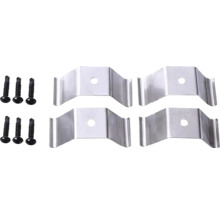 Set aus vier Montageklammern aus Metall und sechs schwarzen Schrauben.