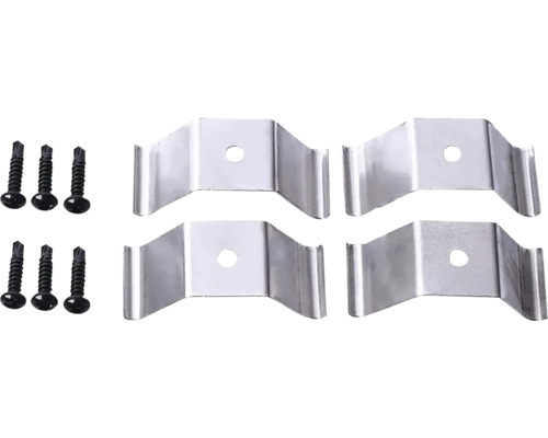 Set aus vier Montageklammern aus Metall und sechs schwarzen Schrauben.
