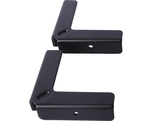Zwei Winkelverbinder aus schwarzem Metall in L-Form mit vorgebohrten Löchern.
