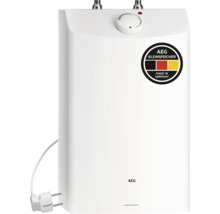 Petit chauffe-eau AEG blanc, réservoir d'eau chaude compact avec régulateur de température et fiche secteur, AEG Logo, fabriqué en Allemagne.