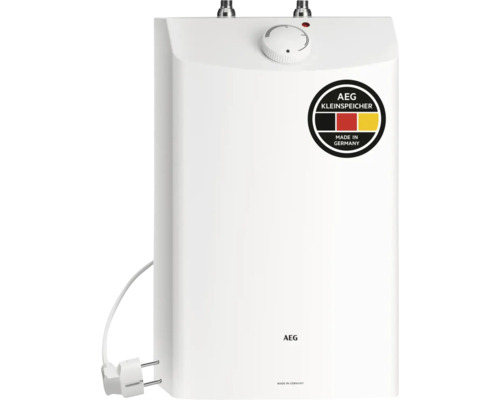 Petit chauffe-eau AEG blanc, réservoir d'eau chaude compact avec régulateur de température et fiche secteur, AEG Logo, fabriqué en Allemagne.