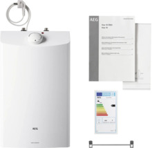 Chauffe-eau AEG Huz 10 ÖKO sous évier avec AEG Logo, régulateur de température, cordon, manuel et étiquette énergétique.