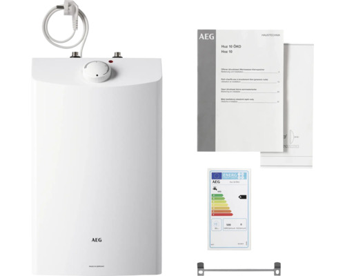 Chauffe-eau AEG Huz 10 ÖKO sous évier avec AEG Logo, régulateur de température, cordon, manuel et étiquette énergétique.
