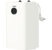 Petit chauffe-eau blanc Stiebel Eltron avec régulateur de température, fiche secteur et deux raccords d'eau sur le dessus.
