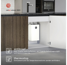 Petit chauffe-eau dans un meuble de cuisine sous un évier avec robinetterie, logo Red Dot Winner 2023, fonctions anti-goutte et thermostop.