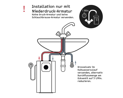 Installation robinet basse pression avec chauffe-eau. Sans robinet haute pression ou douchette. Débit limité à 5 litres par minute.