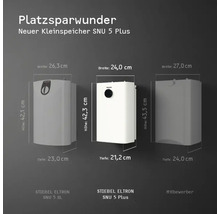 Comparaison de taille entre Stiebel Eltron SNU 5 SL, SNU 5 Plus et un concurrent avec largeur, hauteur et profondeur en centimètres.