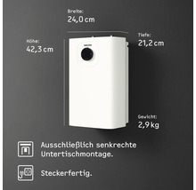 Chauffe-eau Stiebel Eltron, 42,3 sur 24,0 sur 21,2 centimètres, 2,9 kilogrammes. Montage sous évier, prêt à brancher. Stiebel Eltron Logo.