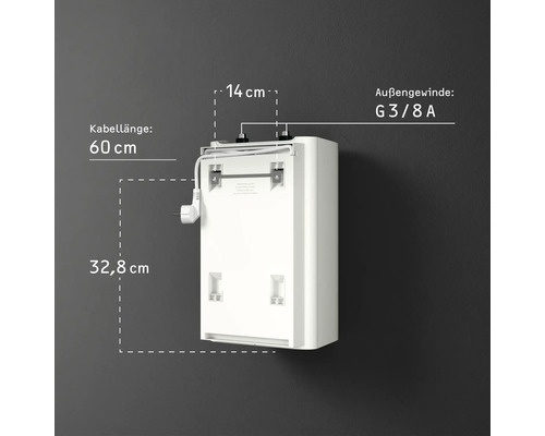 Chauffe-eau blanc : longueur de câble 60 centimètres, hauteur 32,8 centimètres, entraxe 14 centimètres, filetage extérieur G 3/8 A.