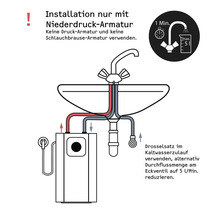 Schéma d'installation pour robinetterie basse pression et chauffe-eau, limitation du débit à 5 litres par minute.