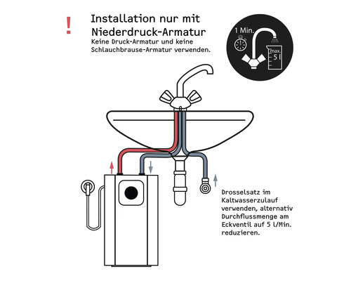 Schéma d'installation pour robinetterie basse pression et chauffe-eau, limitation du débit à 5 litres par minute.
