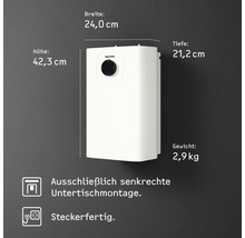 Chauffe-eau Stiebel Eltron sous évier. Hauteur 42,3 centimètres, largeur 24,0 centimètres, profondeur 21,2 centimètres. Poids 2,9 kilogrammes.