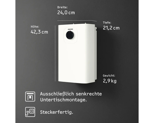 Chauffe-eau Stiebel Eltron sous évier. Hauteur 42,3 centimètres, largeur 24,0 centimètres, profondeur 21,2 centimètres. Poids 2,9 kilogrammes.