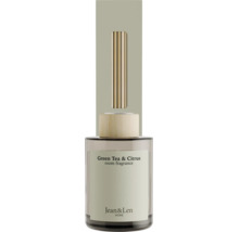 Parfum d ambiance Jean et Len Green Tea et Citrus en flacon en verre avec bouchon en bois et bâtonnets.