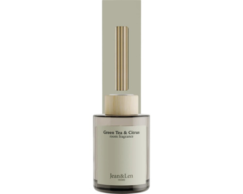 Parfum d ambiance Jean et Len Green Tea et Citrus en flacon en verre avec bouchon en bois et bâtonnets.