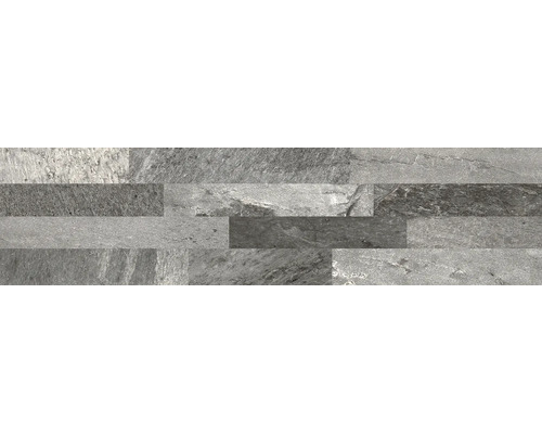 Plaquettes de parement aspect pierre naturelle avec surface structurée et différentes nuances de gris.