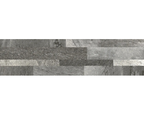 Plaquettes de parement aspect pierre naturelle avec surface structurée en différentes nuances de gris.