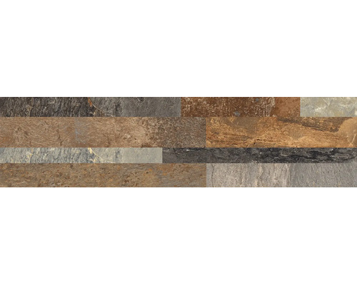 Plaquettes de parement aspect pierre naturelle multicolore avec surface structurée en format rectangulaire.