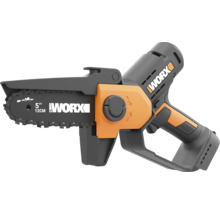 Tronçonneuse à main sans fil Worx avec guide de 12 centimètres pour les travaux de jardinage.