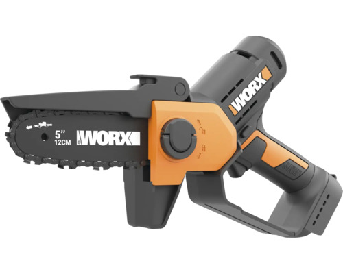 Tronçonneuse à main sans fil Worx avec guide de 12 centimètres pour les travaux de jardinage.