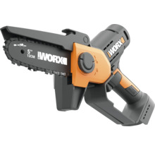 Scie de jardin à batterie Worx orange et grise avec guide de 12 centimètres, protection pour les mains et système de batterie Power Share.