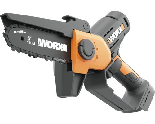 Scie de jardin à batterie Worx orange et grise avec guide de 12 centimètres, protection pour les mains et système de batterie Power Share.