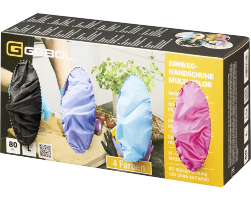 Gants jetables Gebol multicolores, 80 pièces, taille L, 4 couleurs.