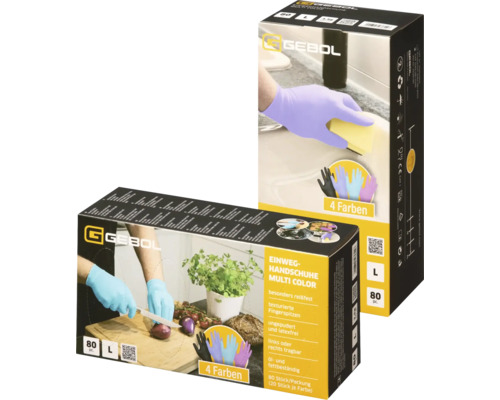 Gants jetables Gebol Multi Color, 80 pièces, taille L, résistants à la déchirure, sans poudre et sans latex, en quatre couleurs.