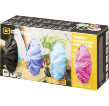 Gants jetables Gebol multicolores, boîte de 80 pièces en quatre couleurs, sans latex et sans poudre.