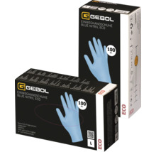 Gants à usage unique Gebol Blue Nitril Eco, taille L, 100 pièces, sans poudre et sans latex, bouts des doigts texturés pour une meilleure adhérence.