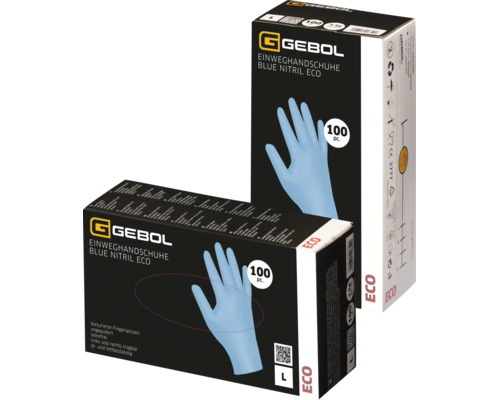 Gants à usage unique Gebol Blue Nitril Eco, taille L, 100 pièces, sans poudre et sans latex, bouts des doigts texturés pour une meilleure adhérence.