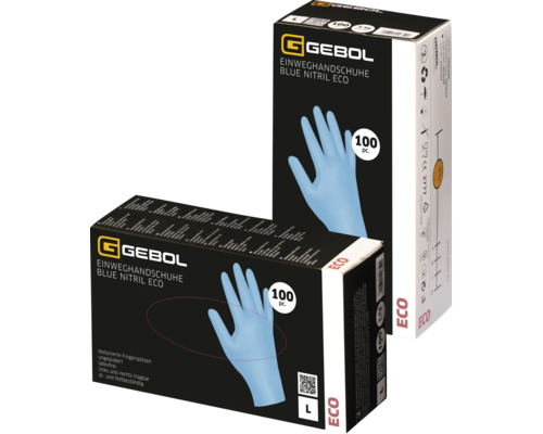 Gants jetables Gebol Blue Nitril Eco, sans poudre et sans latex, 100 pièces par boîte, Gebol Logo.