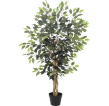 Künstlicher Ficus-Baum im schwarzen Topf, Kunstpflanze mit verzweigtem Stamm und grünen Blättern für die Innendekoration.