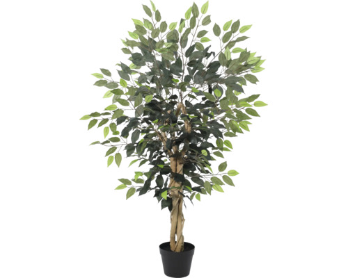 Künstlicher Ficus-Baum im schwarzen Topf, Kunstpflanze mit verzweigtem Stamm und grünen Blättern für die Innendekoration.