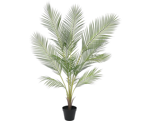 Künstliche Palme im schwarzen Kunststofftopf mit ausladenden grünen Palmwedeln.