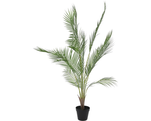 Künstliche Palme im schwarzen Topf mit grünen, gefiederten Blättern.