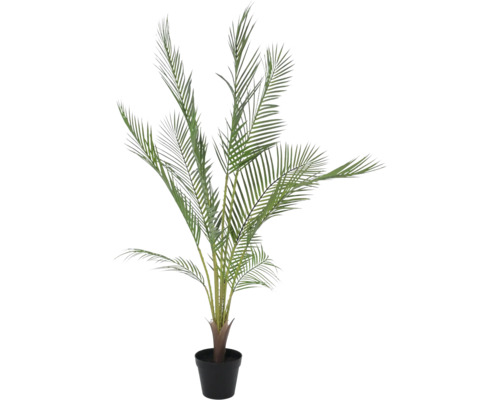 Künstliche Palme im schwarzen Topf mit grünen Palmwedeln für die Innendekoration.