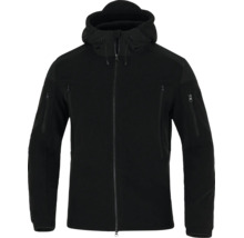 Veste softshell noire avec capuche, fermeture éclair et plusieurs poches zippées.