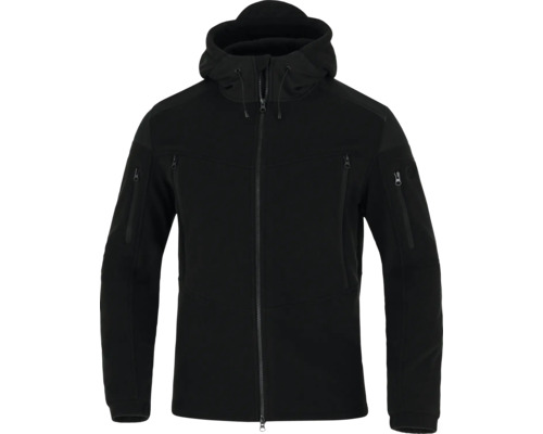 Veste softshell noire avec capuche, fermeture éclair intégrale et poches sur la poitrine et les manches.