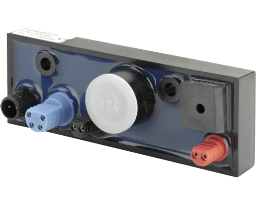 Module de commande électronique avec divers connecteurs colorés et un composant circulaire blanc au centre.