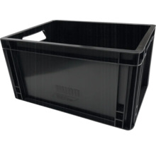 Schwarze Eurobox aus Kunststoff mit Grifföffnungen für Lagerung und Transport.