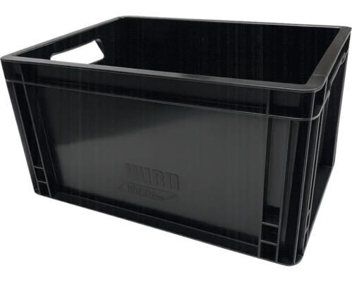 Schwarze Eurobox aus Kunststoff mit Grifföffnungen für Lagerung und Transport.