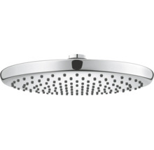 Pomme de douche ronde avec picots anticalcaires et surface chromée.