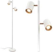 Lampadaire moderne à deux spots cylindriques orientables avec des détails en bois.