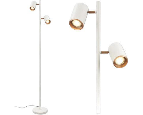 Lampadaire moderne à deux spots cylindriques orientables avec des détails en bois.