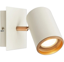Spot mural blanc avec abat-jour cylindrique, rotule en aspect cuivre et support mural carré.