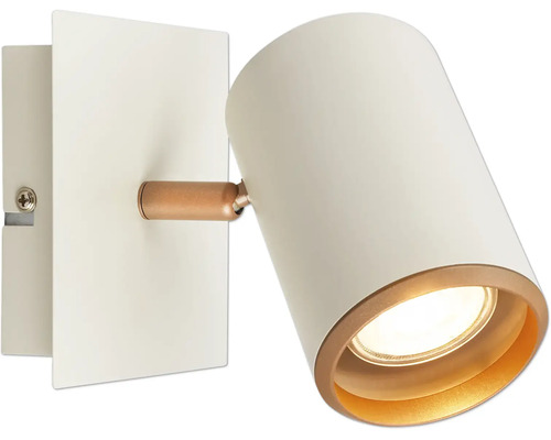 Spot mural blanc avec abat-jour cylindrique, rotule en aspect cuivre et support mural carré.