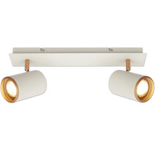 Spot de plafond à deux lampes en métal avec deux spots cylindriques orientables en blanc et cuivre.